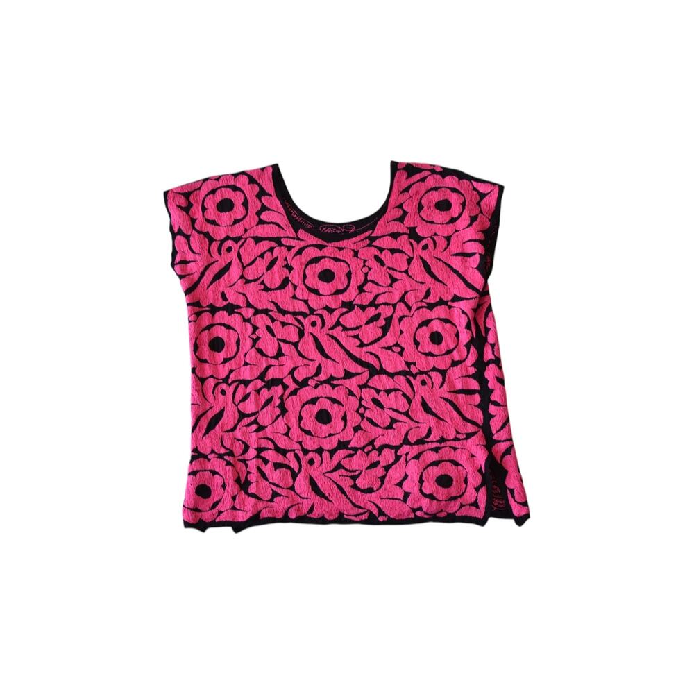 Pink Black Embroidered Folk Top Floral Boho Blouse Sleeveless